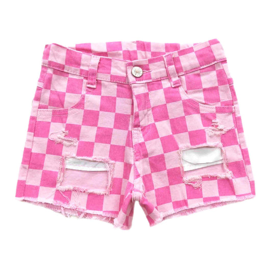 Pink Checkered Distressed Denim Shorts