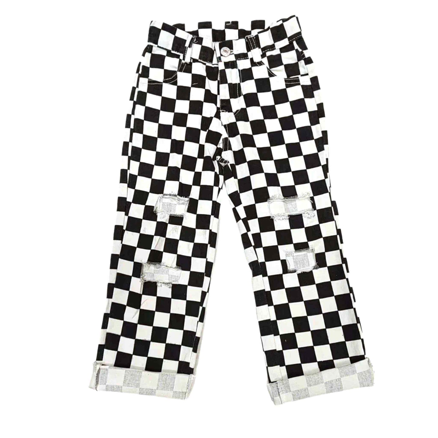 Black & White Checkered Distressed Denim Pants
