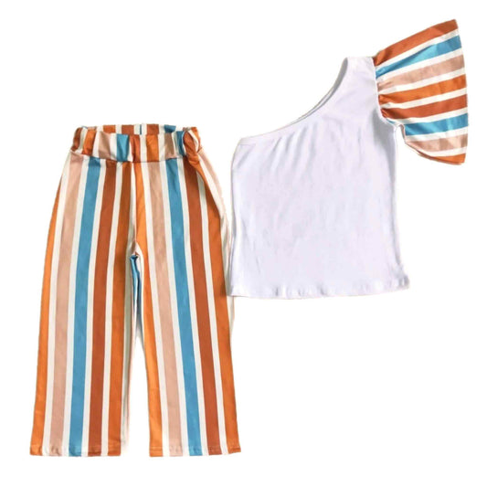 Teal Stripes One-shoulder Top and Pants Set