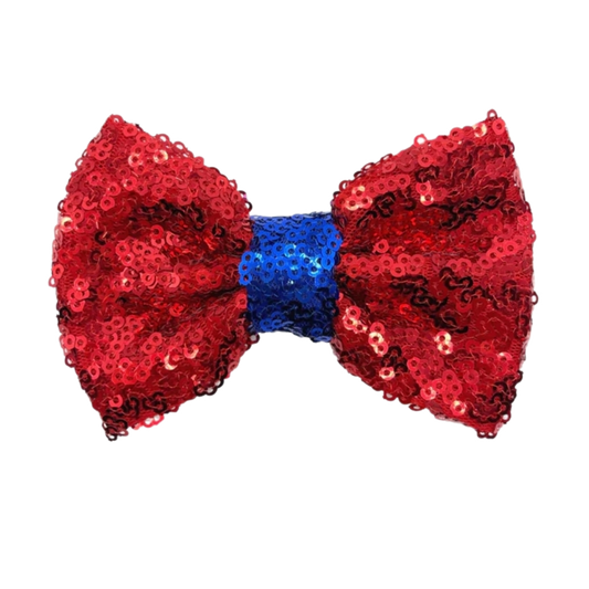Red Sequin Tulle Fabric Bow with Blue Tie - 4"