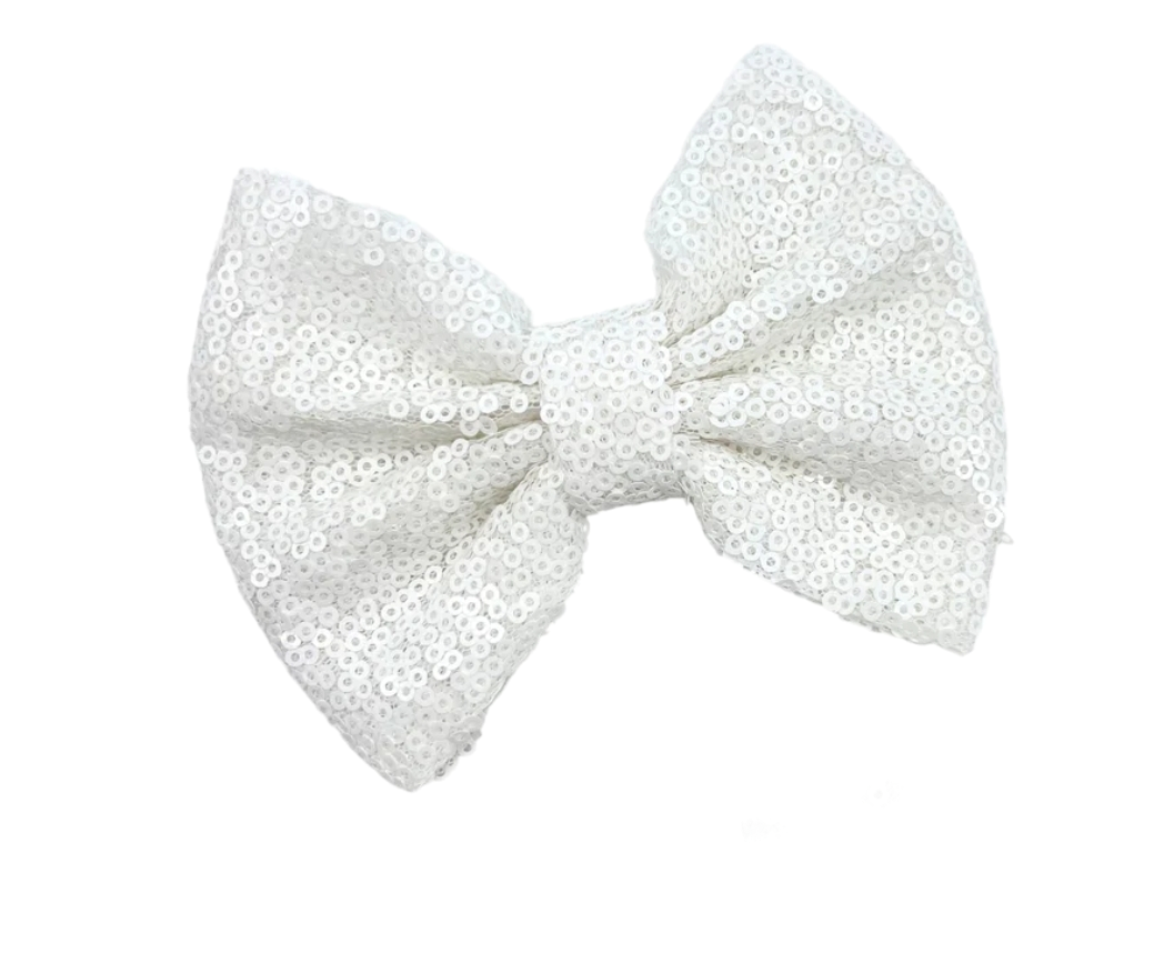 White Sequin Tulle Fabric Bow - 5"