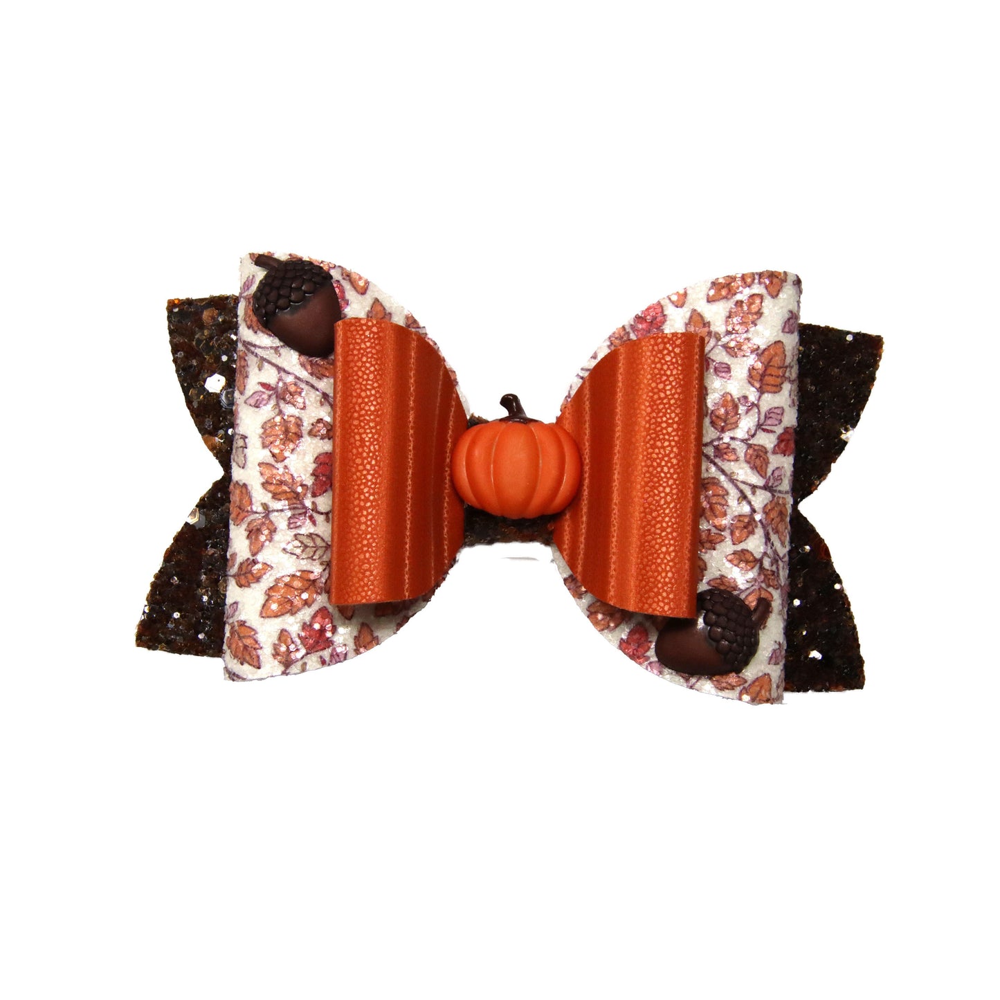 5 inch Fall Leaves Double Diva Bow with Acorns & Pumpkin Clay