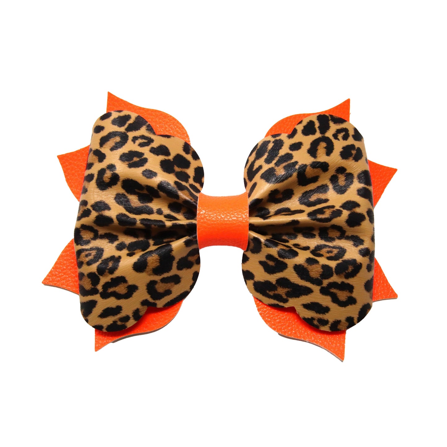 Leopard Print Poppy Bow with Orange Litchi Tail 5.5"