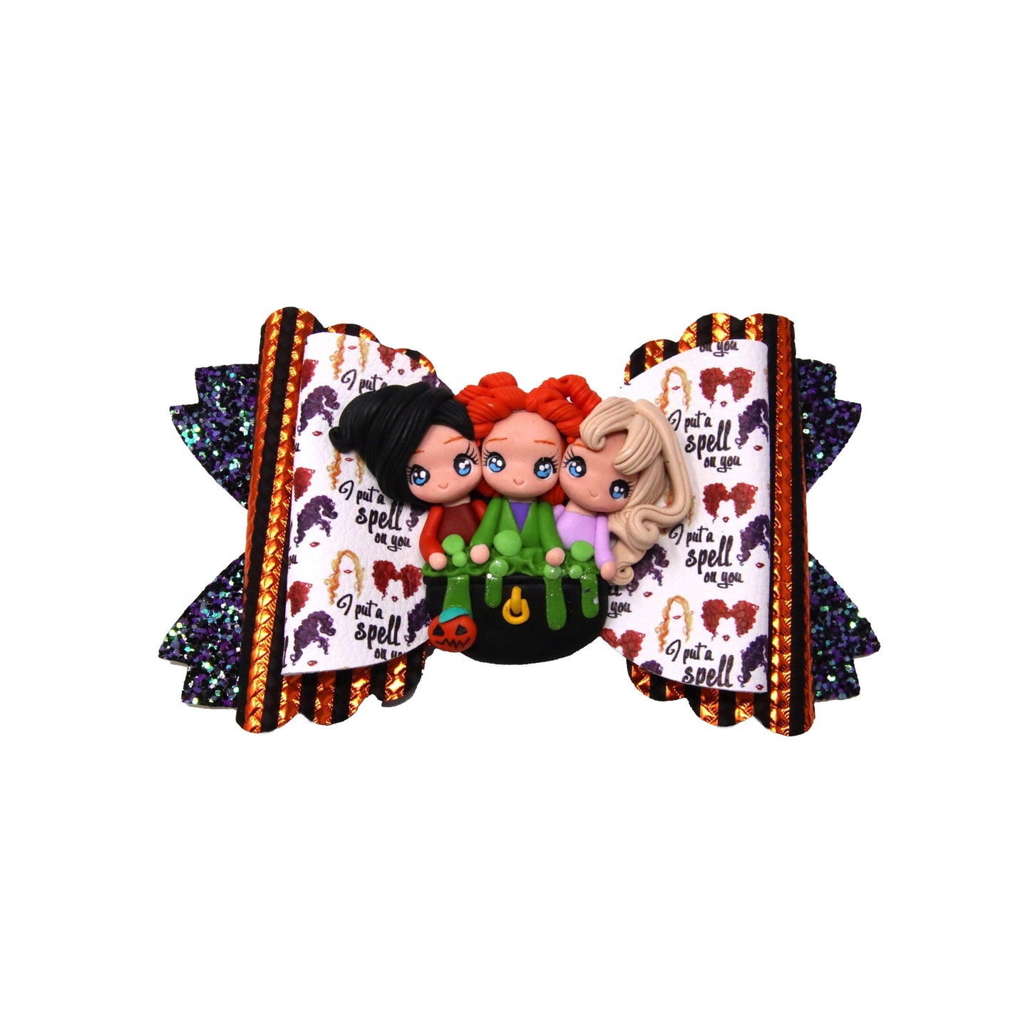 6" I Put a Spell on You Double Scalloped Daisy Bow with Witch Sisters Clay - Waterfall Wishes