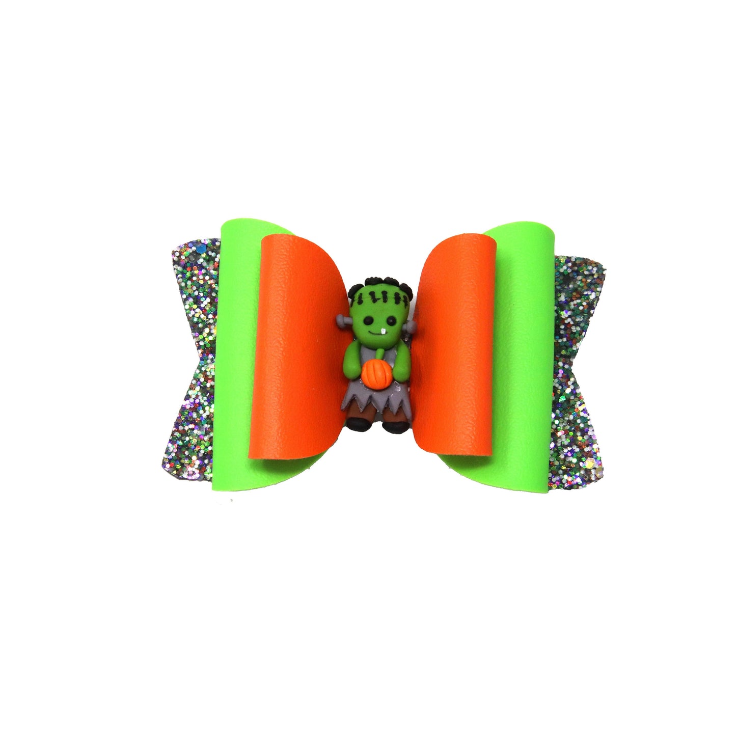 4.5" Glow-in-the-dark Green, Orange & Grey Double Chloe Bow with Frankenstein Clay - Waterfall Wishes