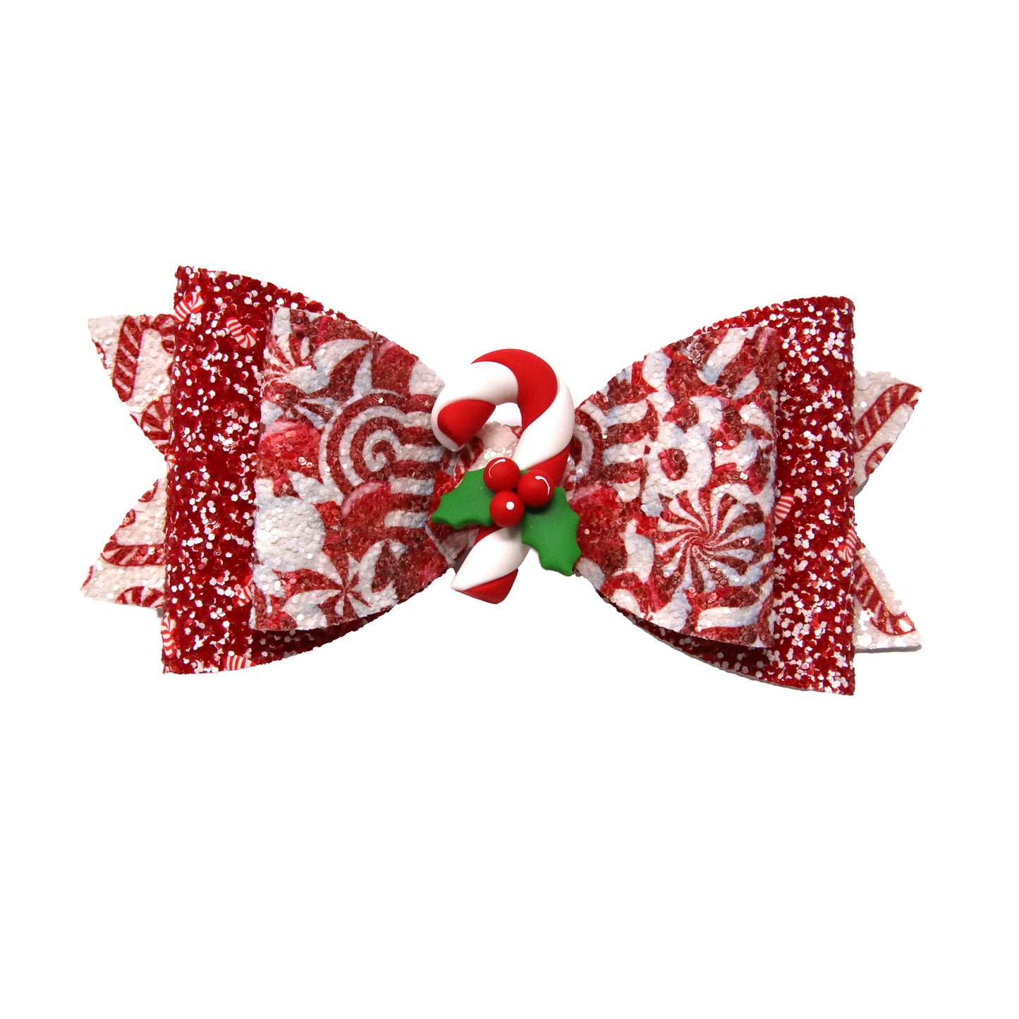 6 inch Peppermint Candy Twice as Nice Bow with Candy Cane Clay