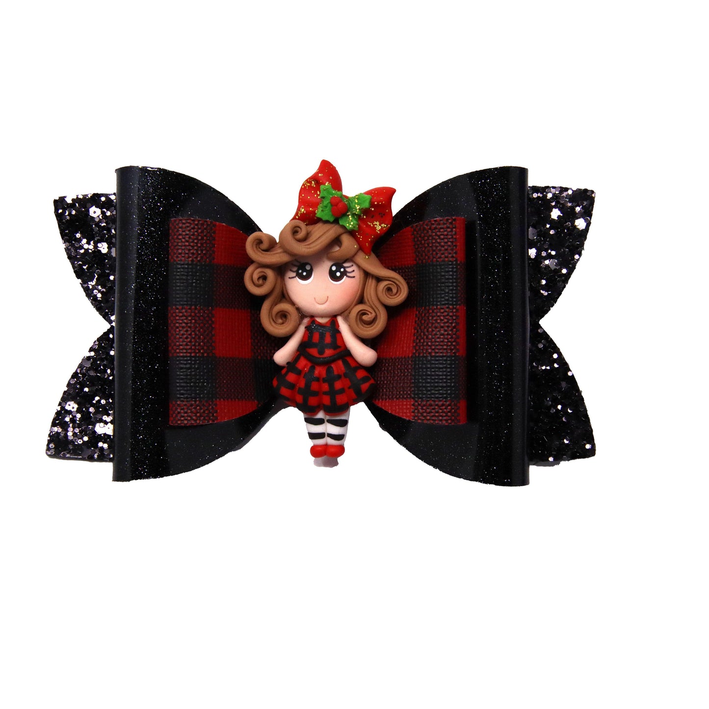 5 inch Buffalo Plaid Double Diva Bow with Christmas Girl Clay
