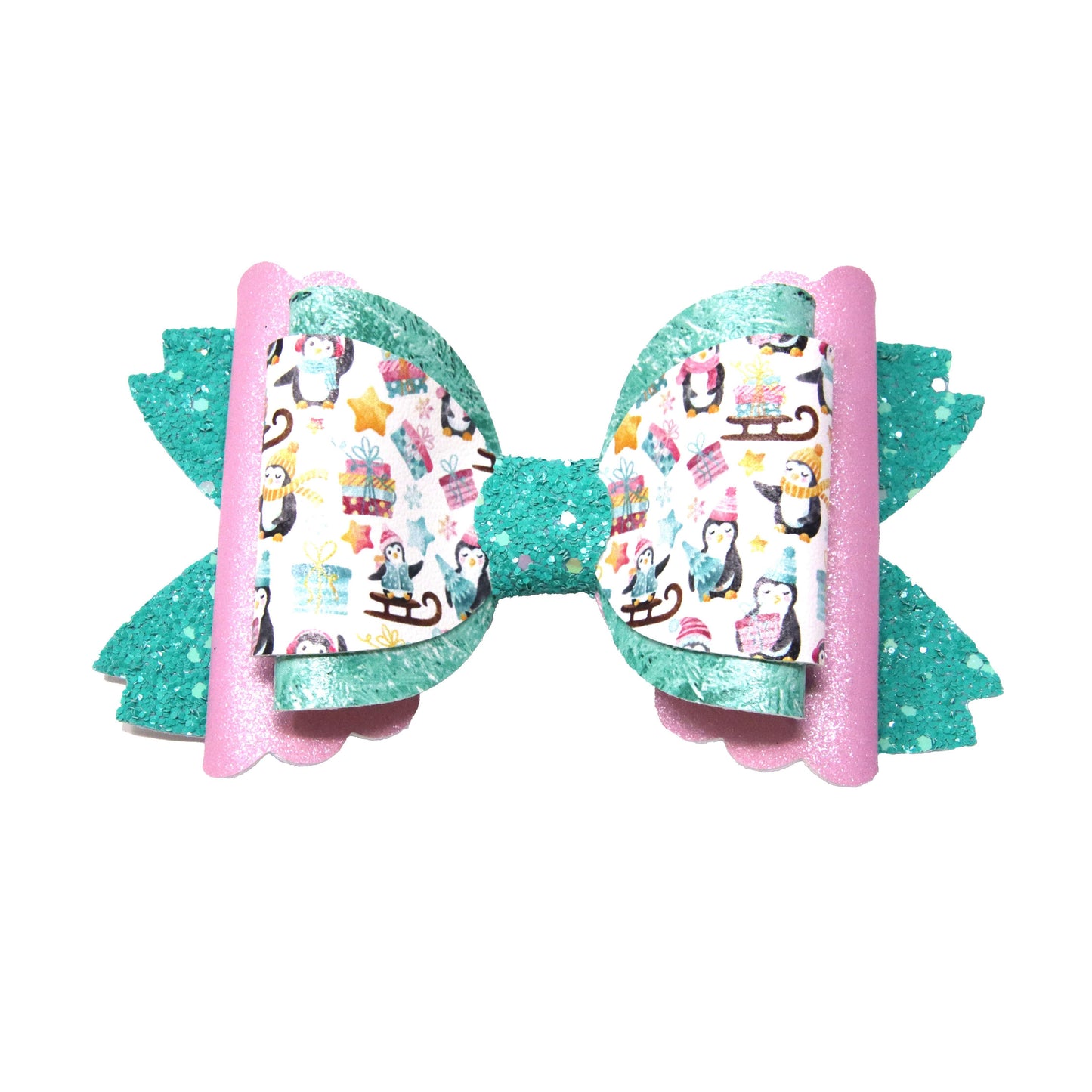 6 inch Sledding Penguins Double Dressed-up Scalloped Daisy Bow