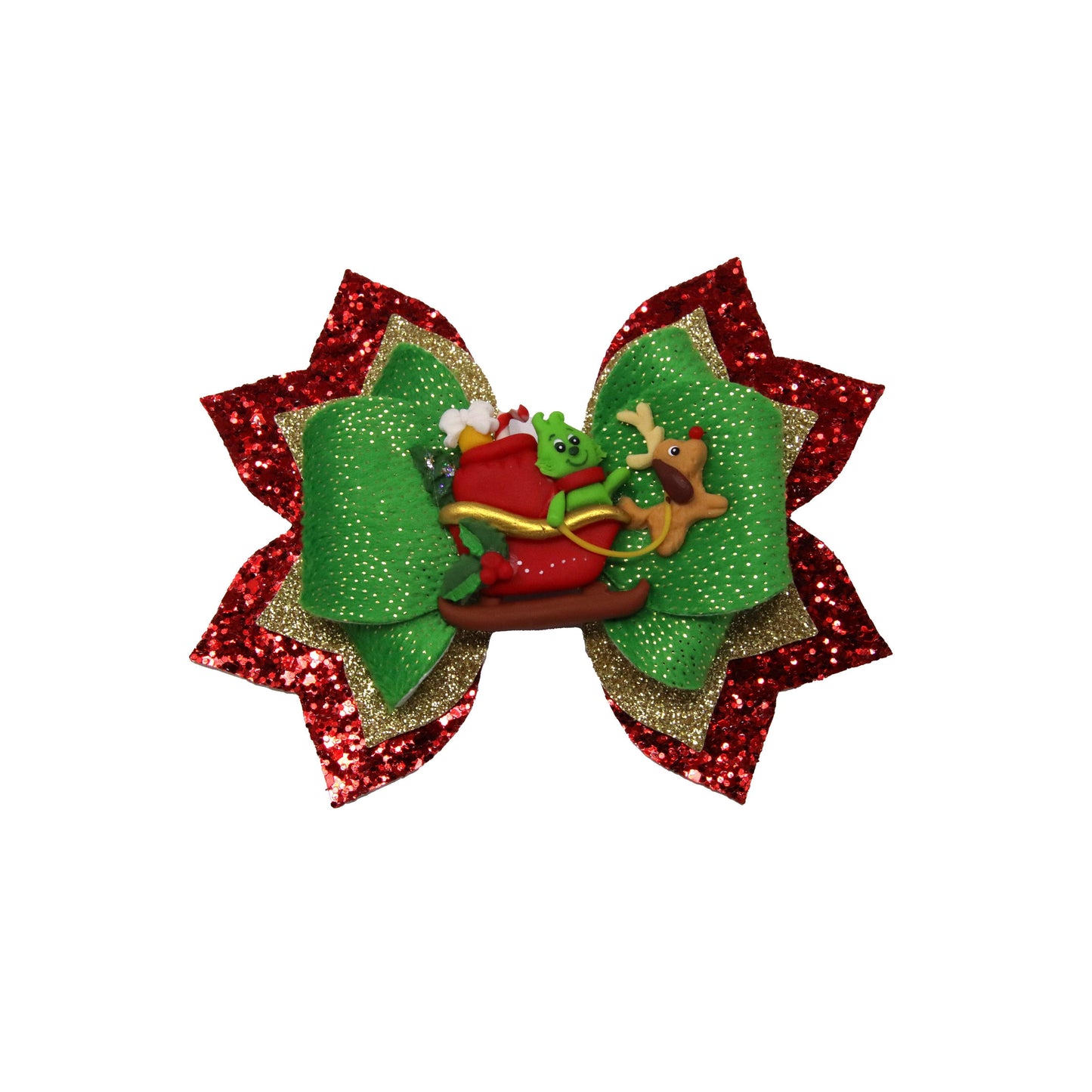 Green Fuzzy Felt Franchi Exquisite Bow 5" with Green Meanie Sleigh Clay