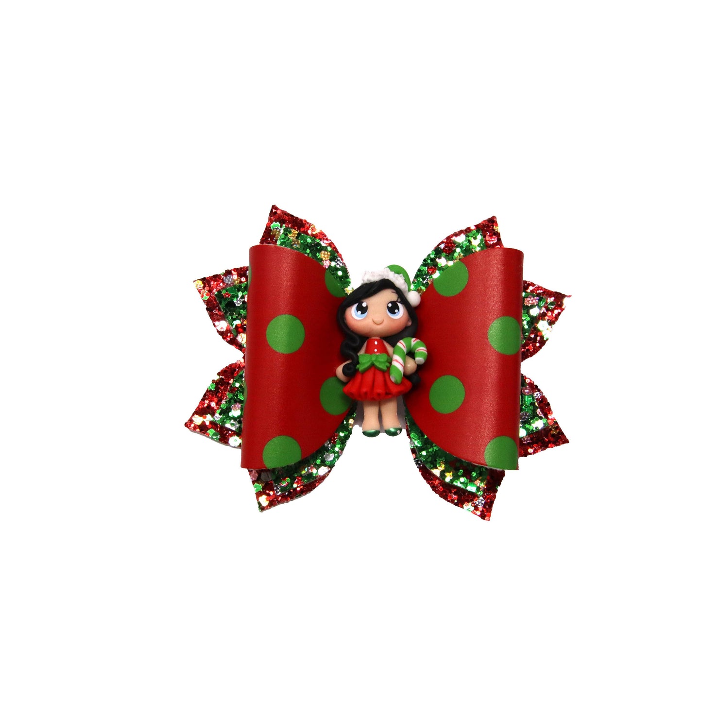 4 inch Red & Green Polka-dots Exquisite Bow with Christmas Girl Clay