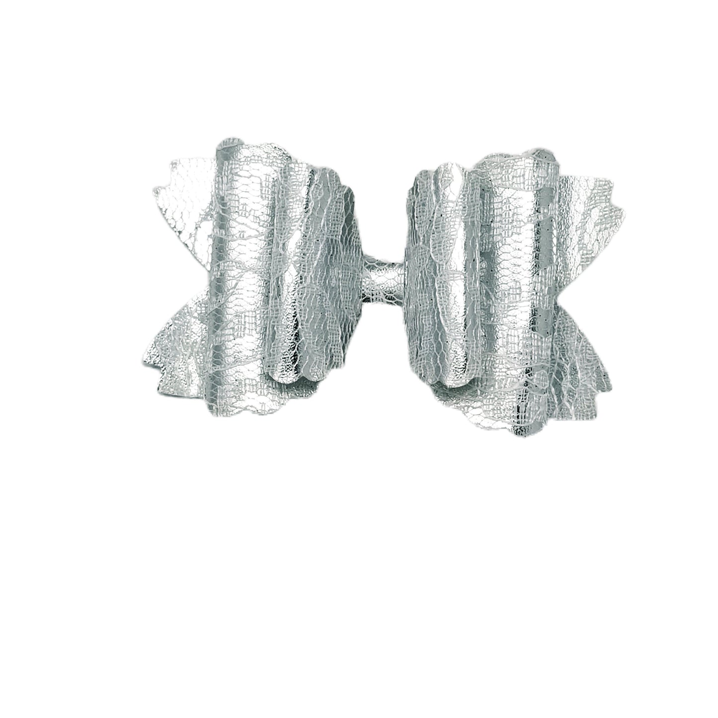 4 inch White Lace on Silver Double Scalloped Daisy Bow