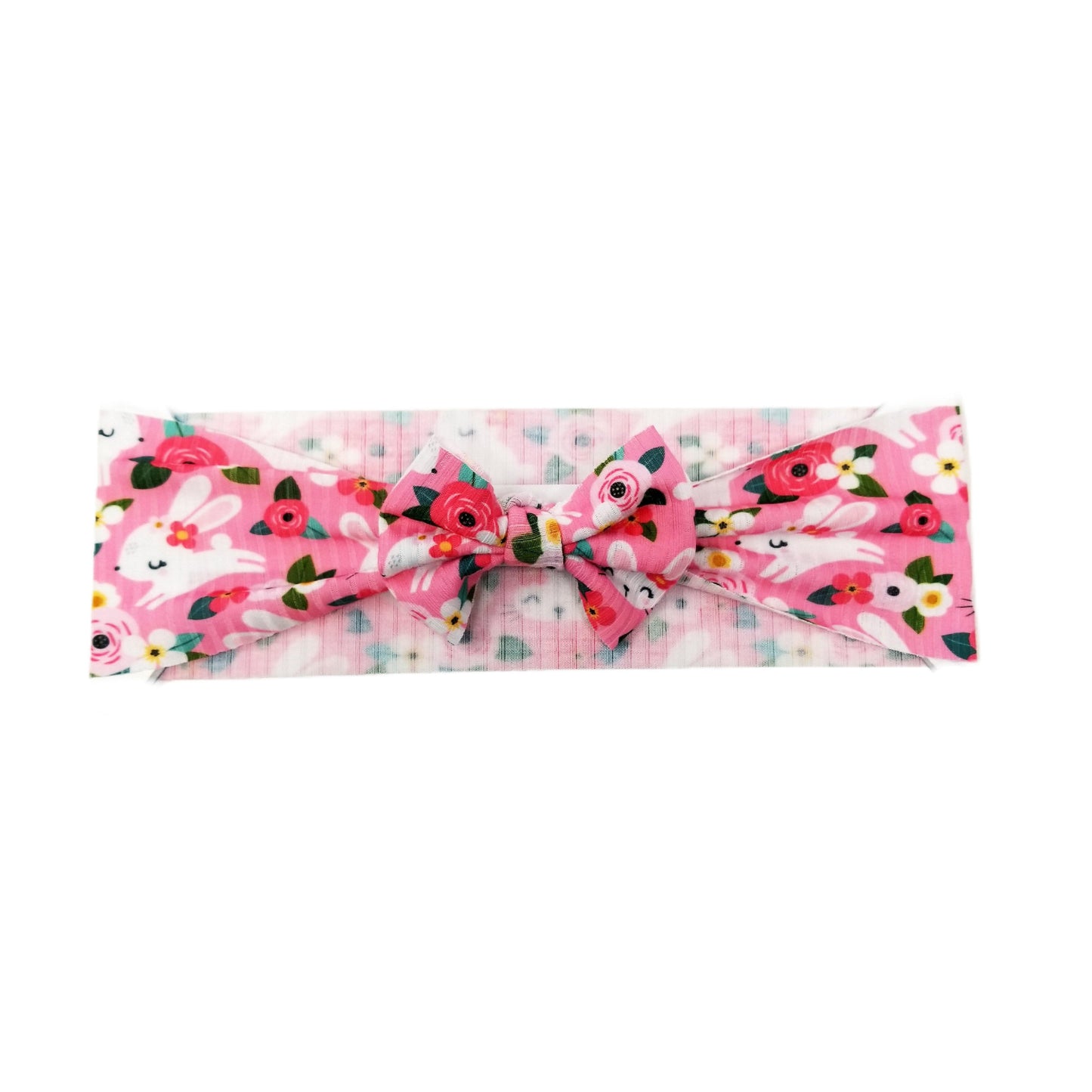 Bunnies on Pink Rib Knit Fabric Bow Headwrap 3"