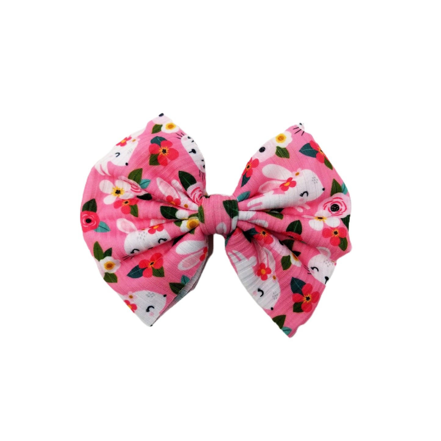 Bunnies on Pink Rib Knit Fabric Bow 5"