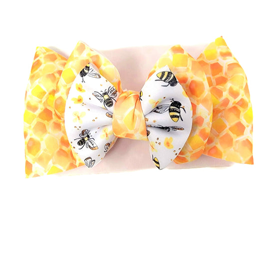 Double Stacked Bees & Honeycomb Puffy Fabric Bow Headwrap 5"