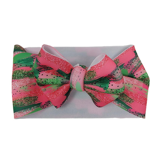 Watermelon Brushstrokes Puffy Fabric Bow Headwrap 5"