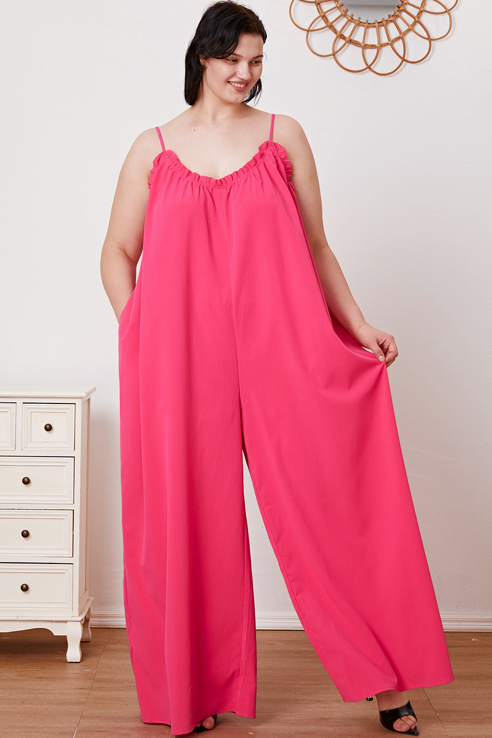 Double Take Ruffle Trim Tie Back Cami Jumpsuit with Pockets