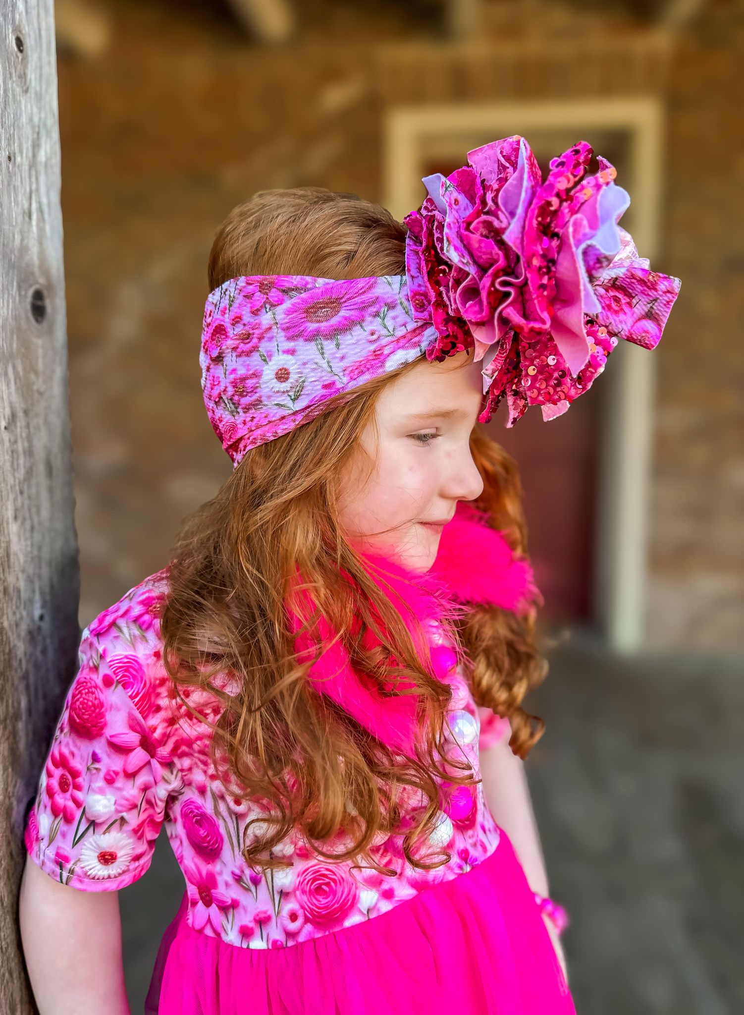 Pink Embroidery Floral Mixed Texture Sassy Fabric Bow Headwrap