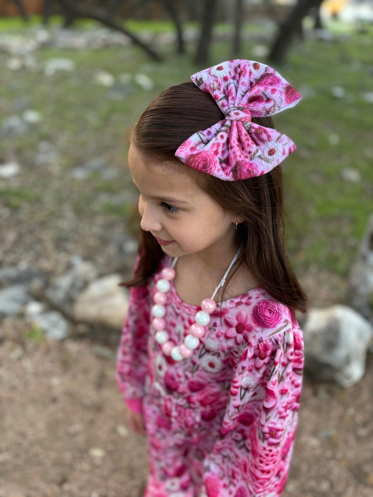 Pink Embroidery Floral Fabric Bow
