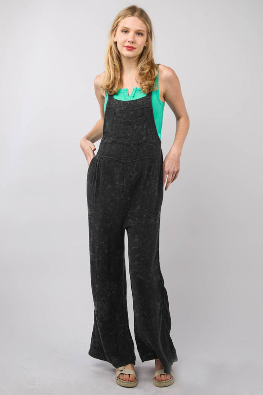 VERY J Texture Washed Wide Leg Overalls