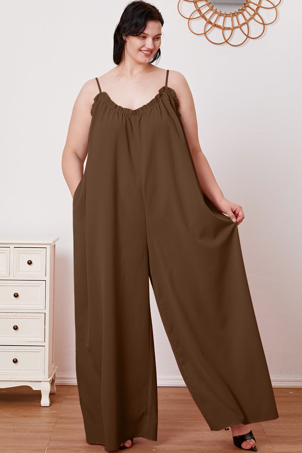 Double Take Ruffle Trim Tie Back Cami Jumpsuit with Pockets