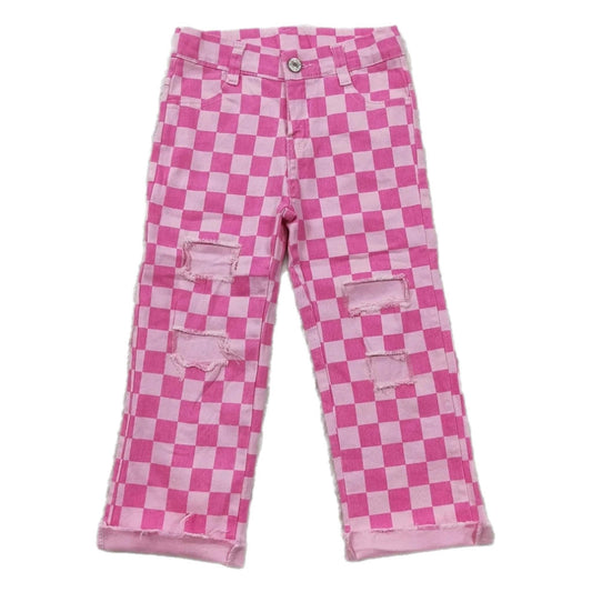 Pink Checkered Distressed Denim Pants