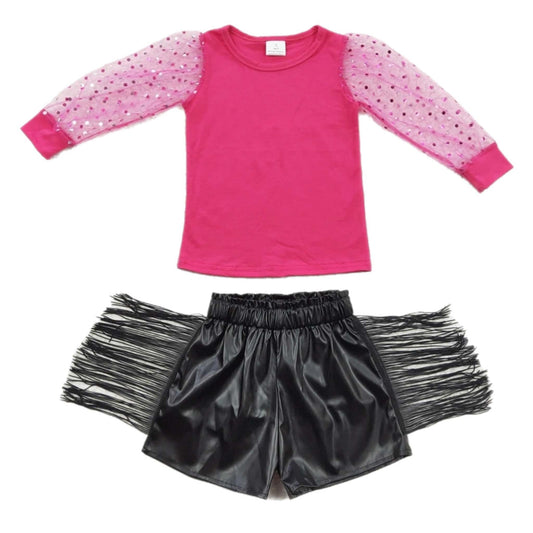 Hot Pink Jeweled Sleeve Top and Fringed Short Set