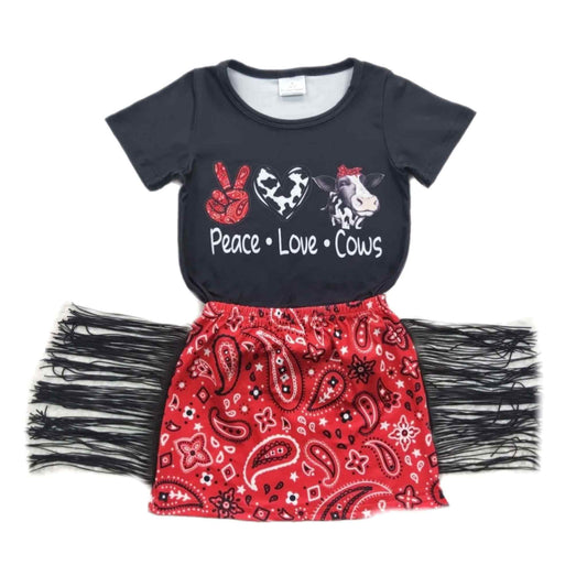 Peace Love Cows Fringed Skirt Set