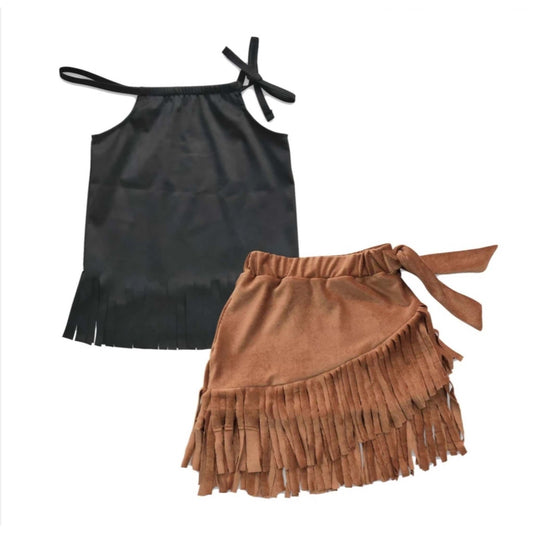 Black & Brown Suede Fringed Skirt Set