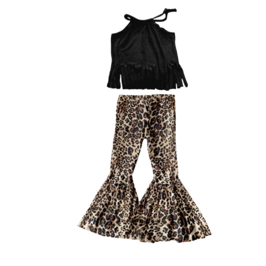 Black Suede Fringed Leopard Pants Set