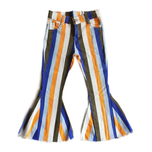 Blue & Orange Stripe Denim Bell-bottom Pants