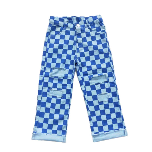 Blue Checkered Distressed Pants