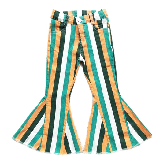 Green & Orange Stripe Denim Bell-bottom Pants