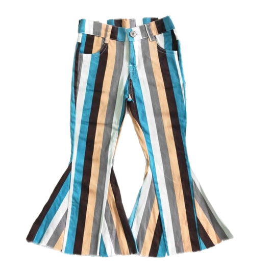 Teal & Gray Stripe Denim Bell-bottom Pants