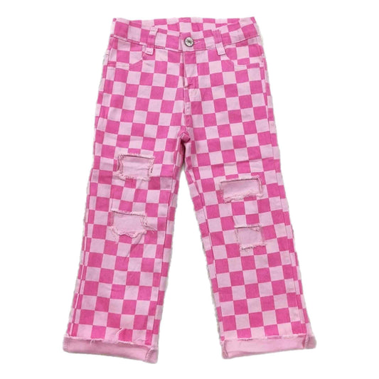 Pink Checkered Distressed Pants