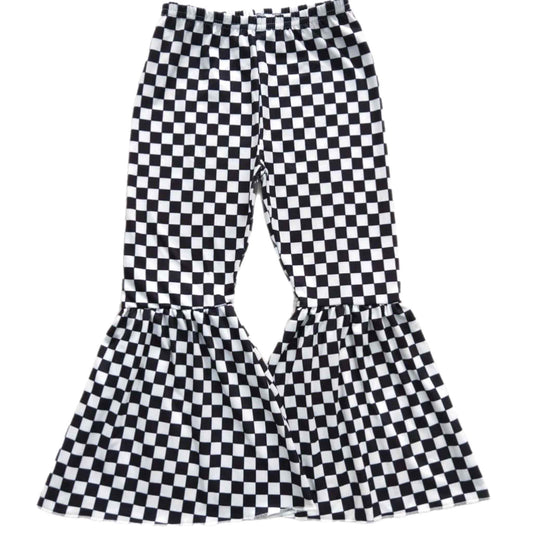 Black & White Checkered Bell-bottom Pants