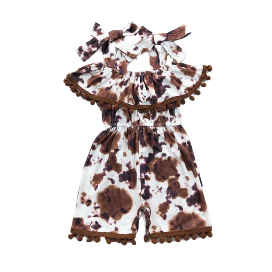 Ball Fringed Brown Cow Print Romper