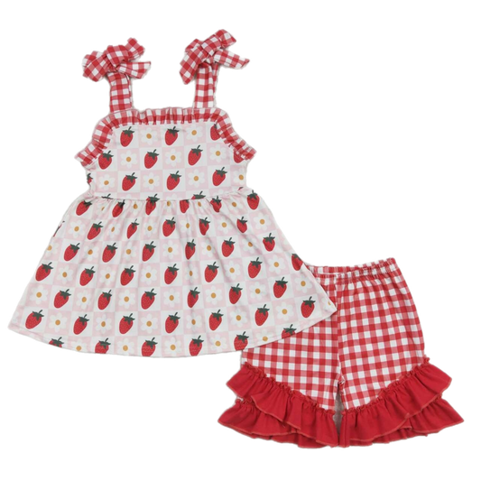 Strawberry and Daisies Gingham Shorts Set