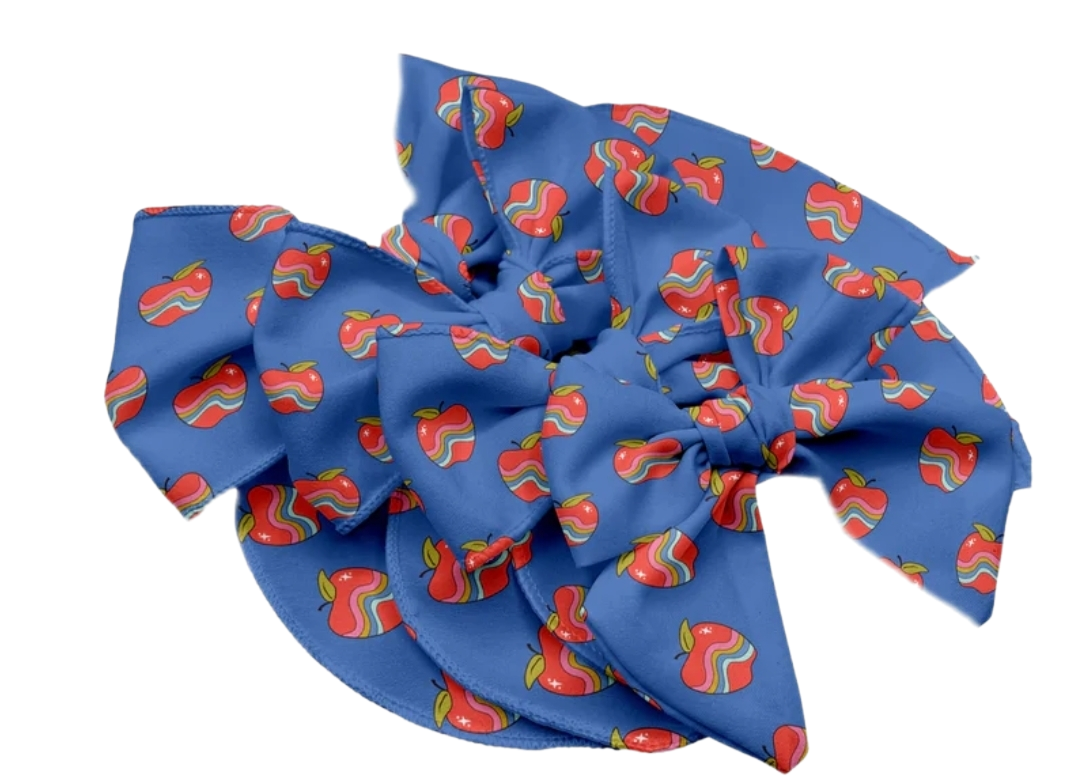 Wavy Apples on Blue Fabric Bow