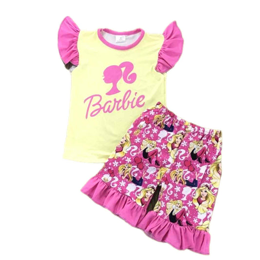 Yellow Pink Doll Flutter-sleeve Shorts Set