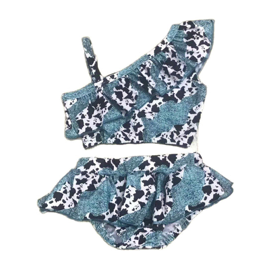 Turquoise Cow Print One-shoulder Swimsuit