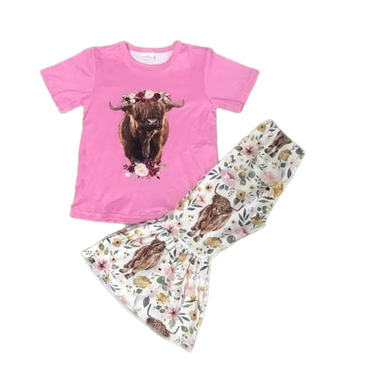 Highland Cow on Pink Bell-bottom Pants Set
