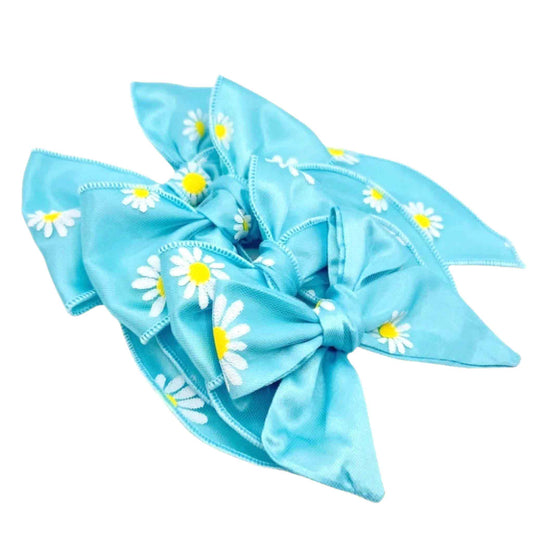 Cyan Blue Daisy Fabric Bow