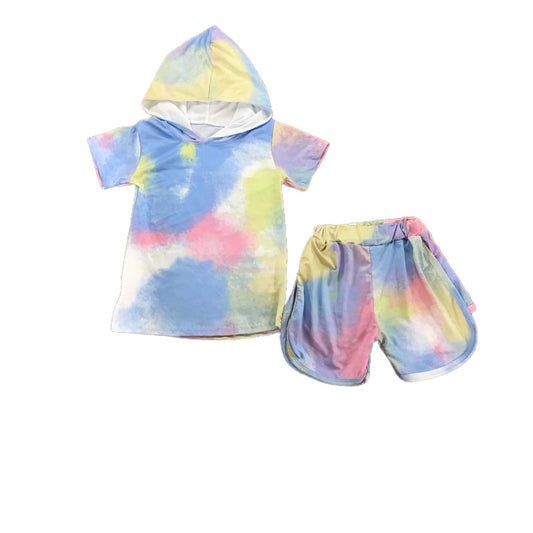 Pink Blue and Yellow Hooded Shorts Set