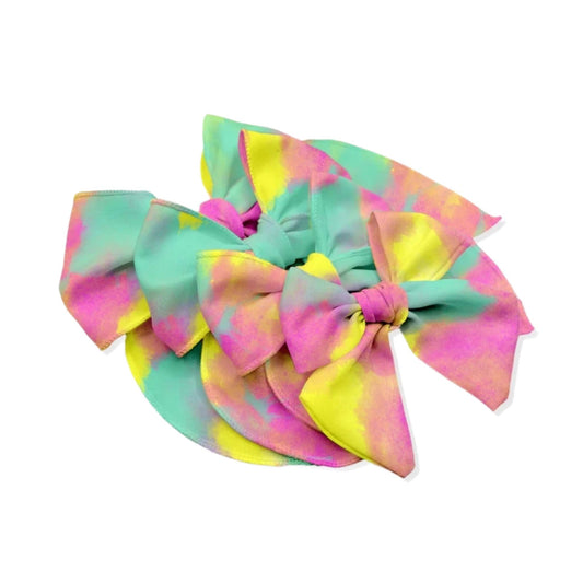 Pink Teal and Yellow Watercolors Fabric Bow