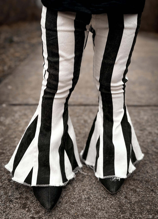 Black & White Striped Denim Bell-bottom Pants