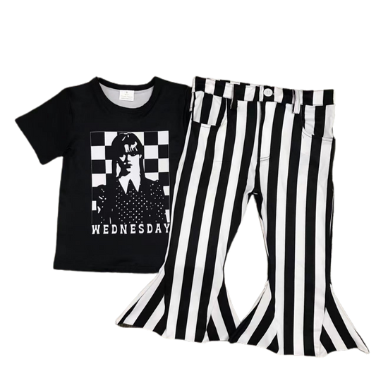 Wednesday Checkered Shirt and Striped Denim Pants Set