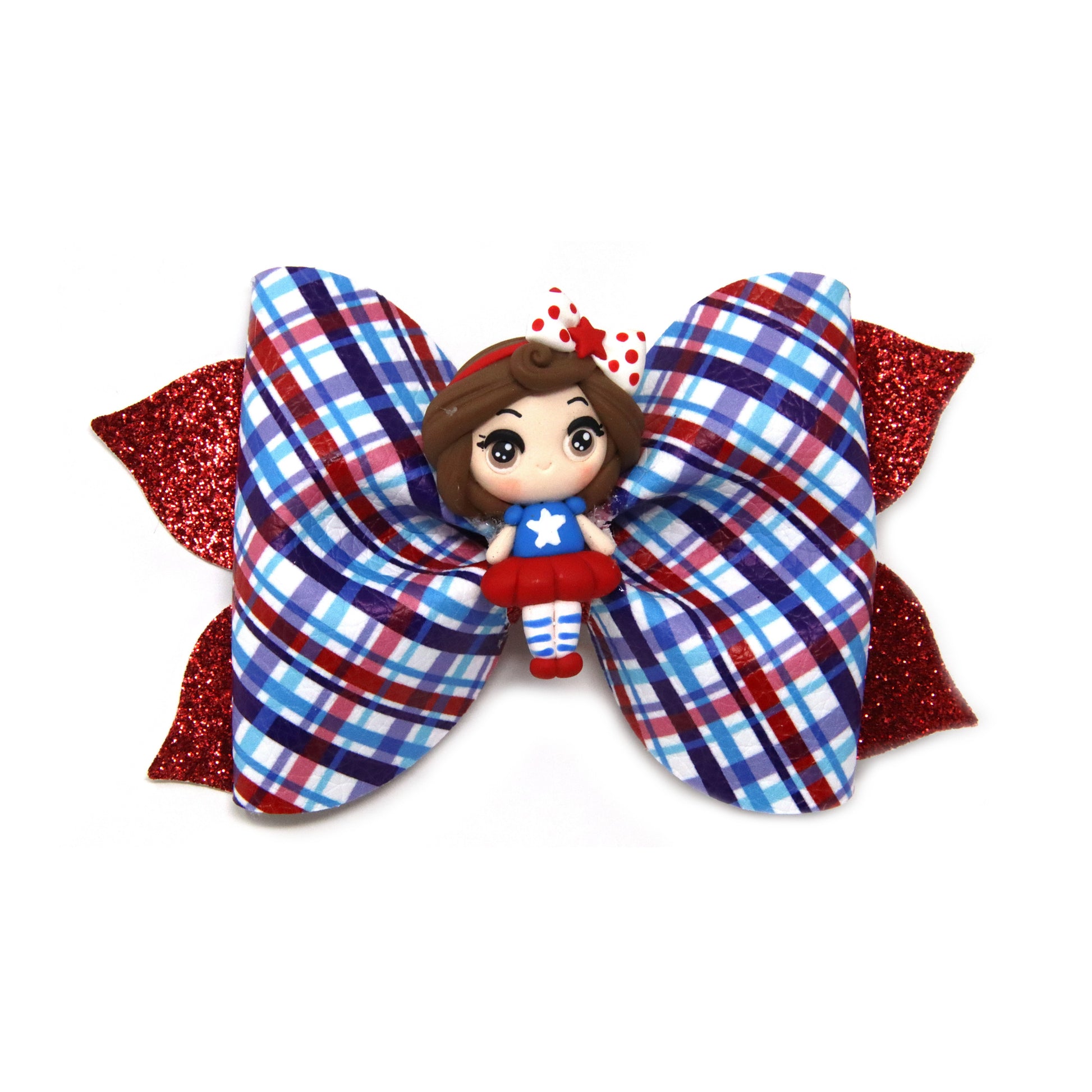 Plaid Star Girl Pixie Pinch Bow 4" with Star Girl Clay