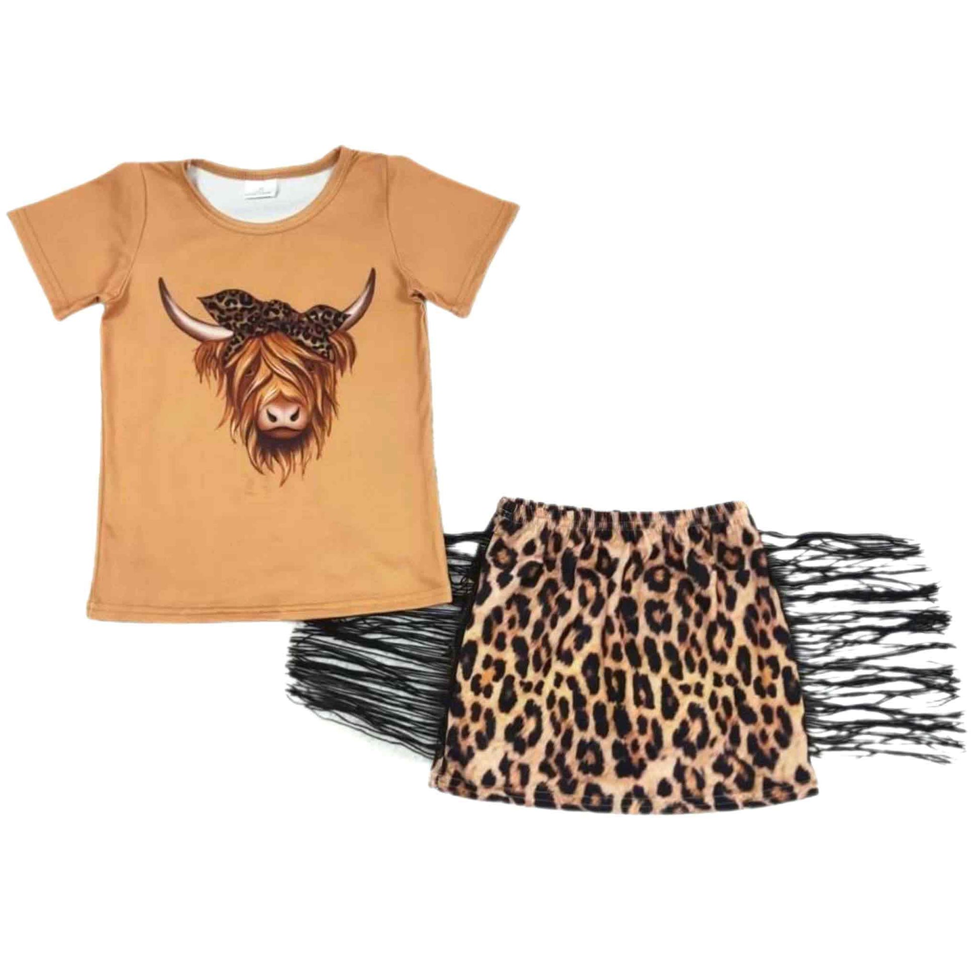 Leopard Highland Cow Fringed Skirt Set