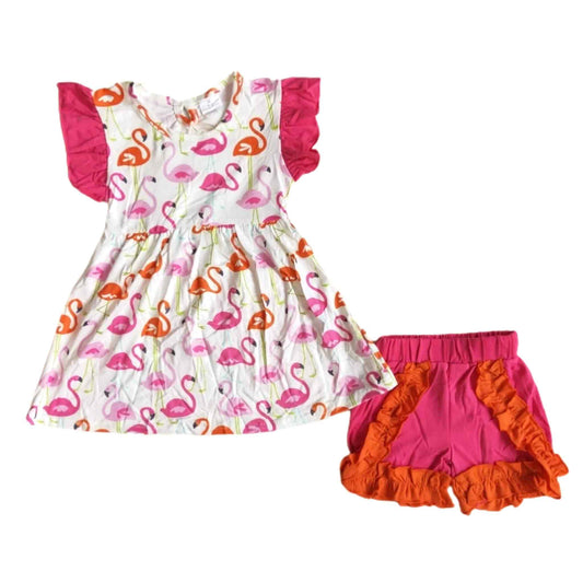 Orange & Pink Flamingos Shorts Set