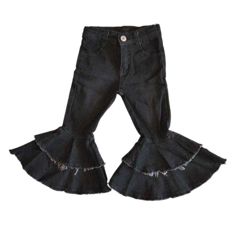 Black Denim Two Ruffle Flare-bottom Pants